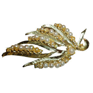 Vintage Large Gold Tone Creamy Faux Pearl Leaf Brooch‎ Branch Delicate